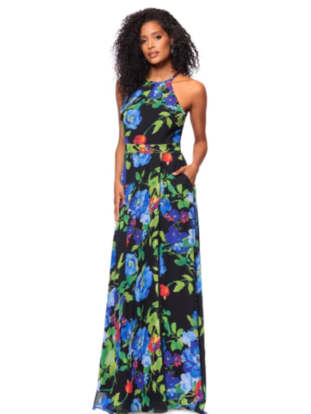 Betsy & Adam Women's Printed Chiffon Halter-Neck Gown - Black Multi